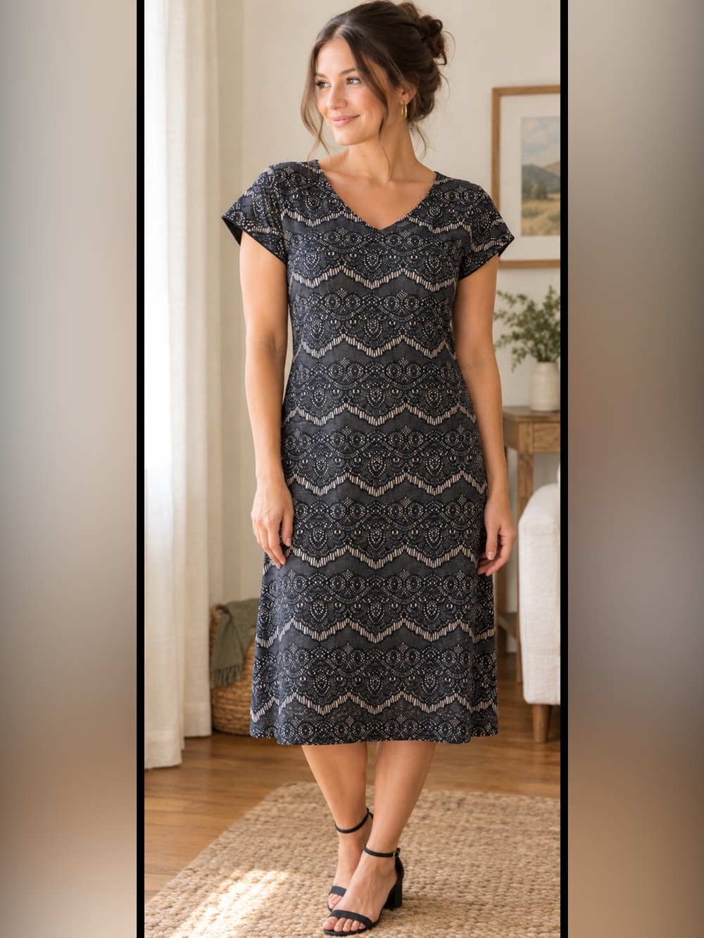 Liz Claiborne Black Lace-Pattern V-Neck Midi Dress